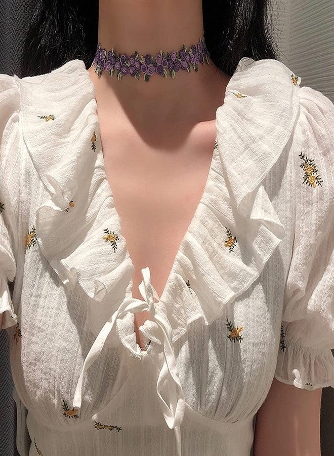 GUAFEIH Women Boho Flower Embroidered Lace Choker Necklace (Purple) - Image 2